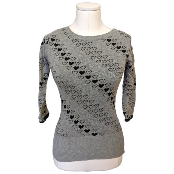 Vintage Y2K Grey Heart Sweater 3/4 Sleeve Cute Romantic Fall Crew Neck Sz S - Picture 1 of 9